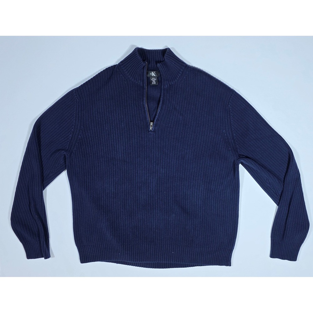 Calvin Klein Mens 2XL Navy Blue 100% Cotton Ribbed Quarter Zip Mock Neck Sweater
